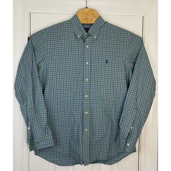 Ralph Lauren Mens Long Sleeve Button Front‎ Shirt Green Plaid Large Cotton Flaw - Picture 1 of 8